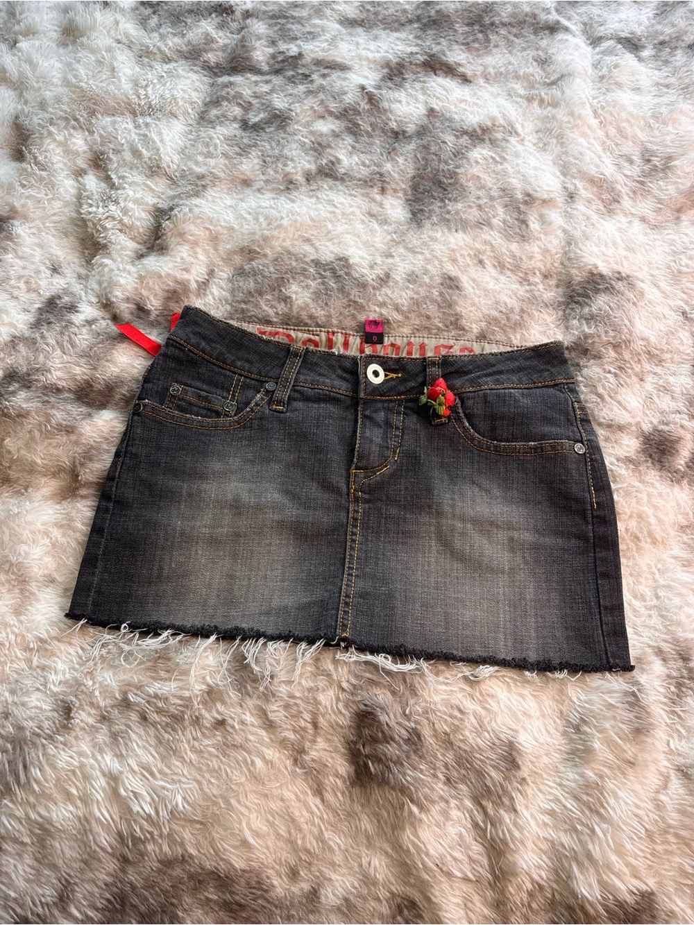 Rare Vintage Y2K Dollhouse Dark Gray Denim Mini Skirt with Flower Accent